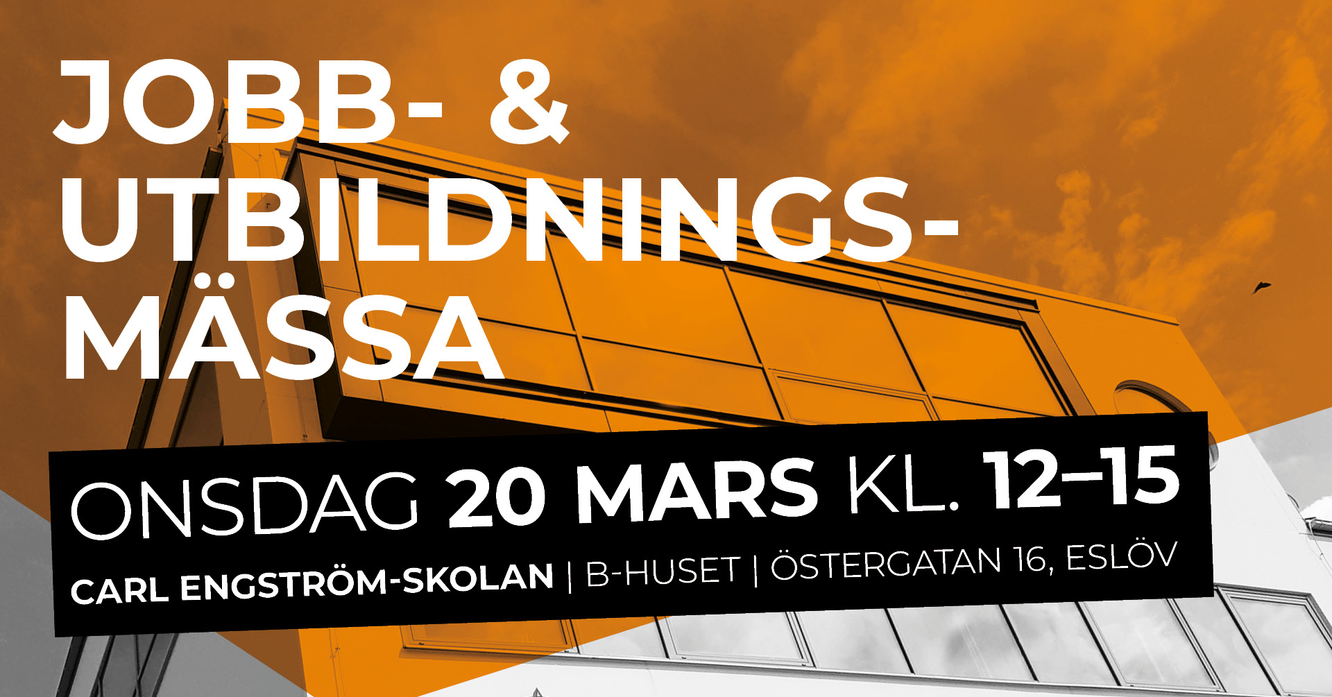 Visuell bild med text: Jobb och utbildningsm&auml;ssa den 20 mars 2024. Klockan 12.00-15.00 
