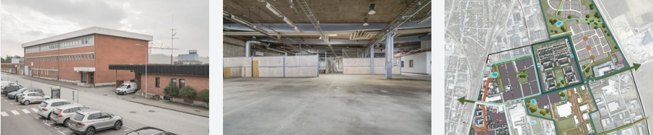 Tre bilder som visar ett industriomr&aring;de i f&ouml;r&auml;ndring &ndash; till v&auml;nster en tegelbyggnad med parkeringsplatser utanf&ouml;r, i mitten en tom industrilokal med betonggolv och synliga installationer i taket, och till h&ouml;ger en karta/illustration som visar planerad stadsutveckling med nya kvarter och gr&ouml;nomr&aring;den.