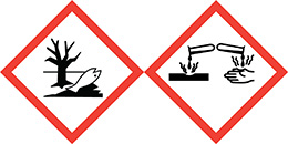Varningsmärken med som visar död fisk, och två provrör som häller ett frätande ämne på en yta och en hand.