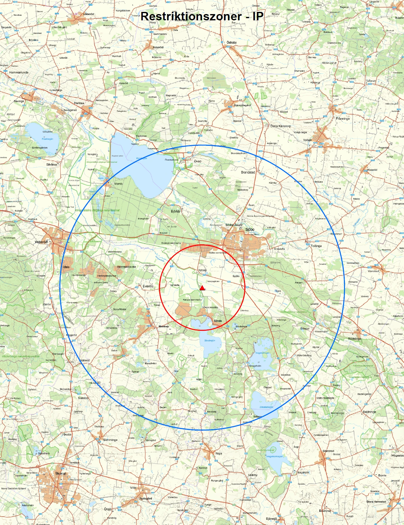 Karta med restriktionszon som gäller efter utbrott av fågelinfluensa i Sjöbo.