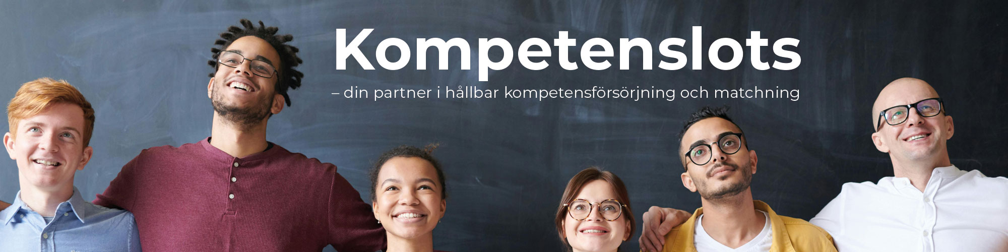 Unga glada personer och texten Kompetenslots – din partner i hållbar kompetensförsörjning och matchning