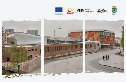 Tre bilder som visar en arkitektonisk gestaltning av en ombyggnad av en industribyggnad – den ursprungliga tegelbyggnaden i mitten flankerad av två visionsbilder där den fått moderna tillbyggnader med organiska former, färgstarka fasader och rundade linjer. Ovanför syns logotyper för EU, Region Skåne, Region Blekinge, NetPort Science Park och Eslövs kommun.