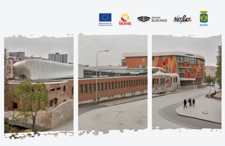 Tre bilder som visar en arkitektonisk gestaltning av en ombyggnad av en industribyggnad – den ursprungliga tegelbyggnaden i mitten flankerad av två visionsbilder där den fått moderna tillbyggnader med organiska former, färgstarka fasader och rundade linjer. Ovanför syns logotyper för EU, Region Skåne, Region Blekinge, NetPort Science Park och Eslövs kommun.