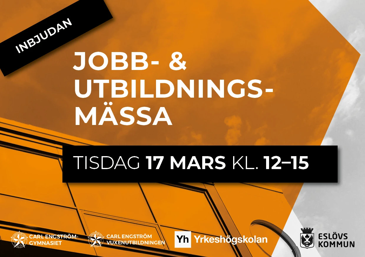 Text på orange bakgrund: Jobb och utbildningsmässa. 17 mars, kl. 12-15
