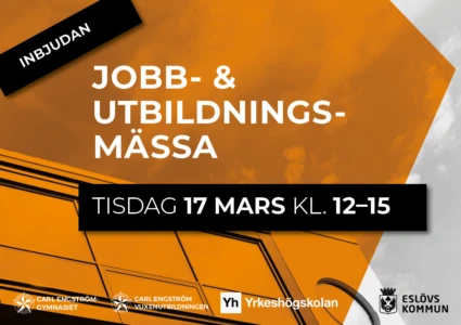 Text på orange bakgrund: Jobb och utbildningsmässa. 17 mars, kl. 12-15