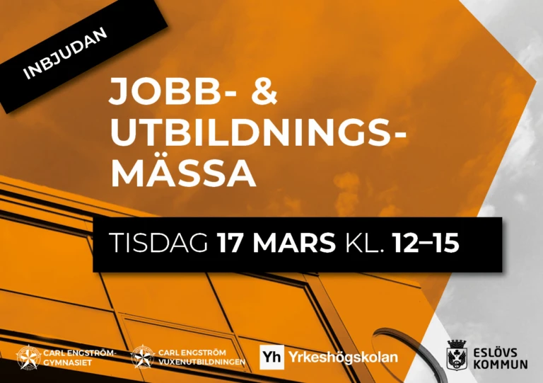 Text på orange bakgrund: Jobb och utbildningsmässa. 17 mars, kl. 12-15